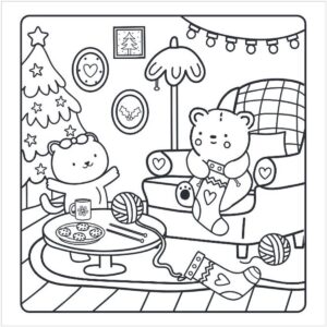 Kerstkleurplaat uit Sunny Vibes Christmas met dieren bij de open haard