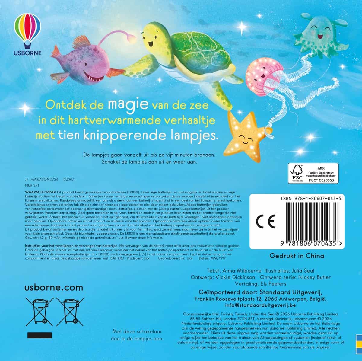 Usborne – In de zee | Fonkelende lichtjes | Kartonboek 1+ – foto 2 Achterkant van Usborne Fonkelende lichtjes In de zee met zeedieren