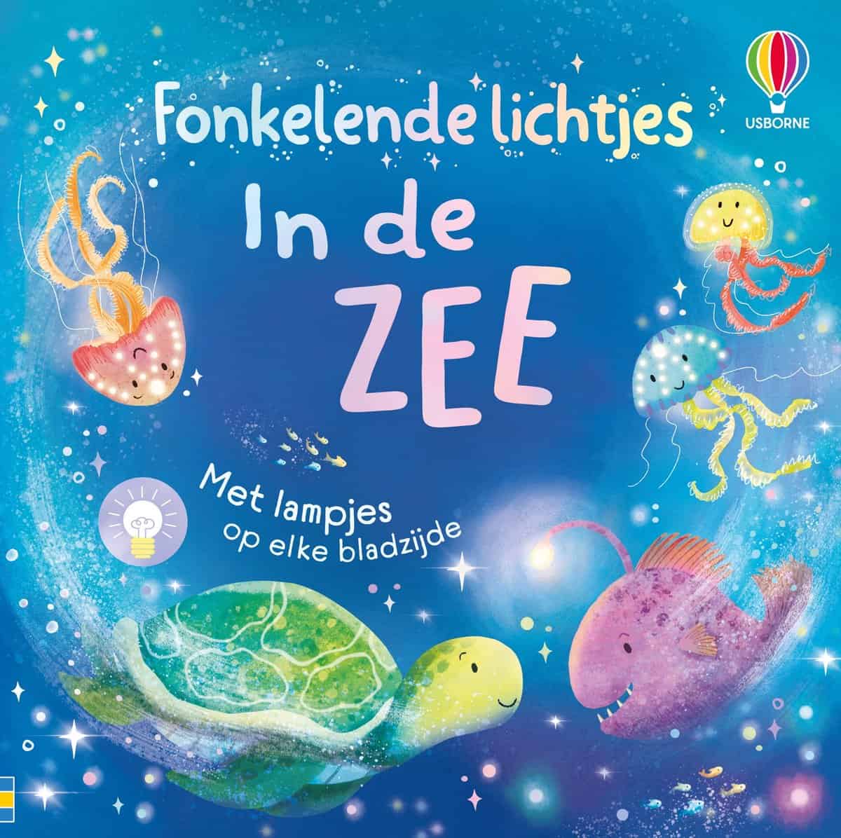 Usborne – In de zee | Fonkelende lichtjes | Kartonboek 1+ – foto 1 Voorkant van Usborne Fonkelende lichtjes In de zee met schildpad en kwallen